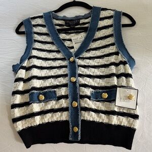 Laundry By Shelli Segal Black & White Striped Knit Vest with Denim Trim